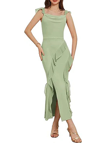 Stylish Outerwear Clothes For Women Mermaid/Trumpet Cowl Neck Sleeveless Flounce Ankle-Length Bridesmaid Dresses