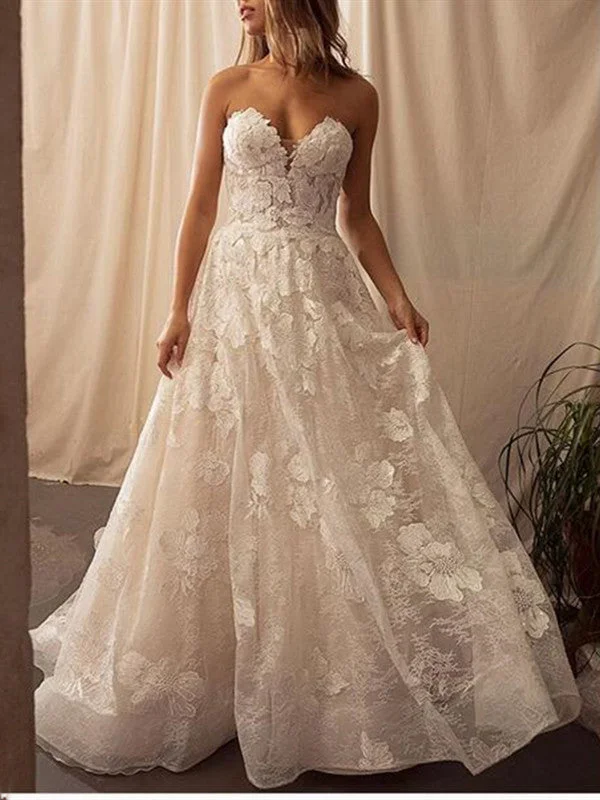 Women's Trendy Garments Strapless A-line Wedding Dresses, 2020 Sweetheart Lace Wedding Dresses