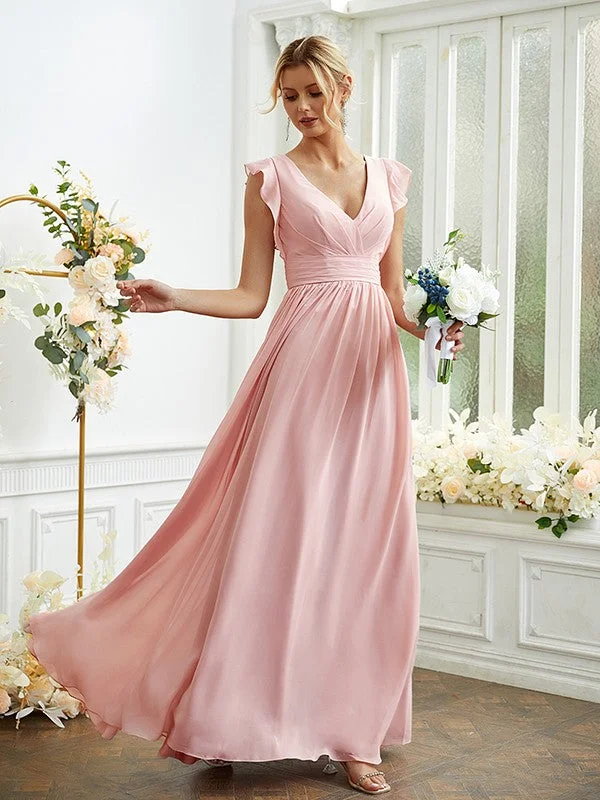 Casual Apparel For Women A-Line/Princess Chiffon Ruched V-neck Sleeveless Floor-Length Bridesmaid Dresses