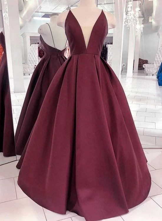 Women's Clothing For Outdoor Events Burgundy V Neck Backles Satin Long Prom Dress, Backless Dark Red Formal Dress    cg19473