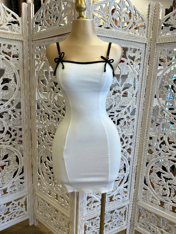 Women's Athletic Clothes Luxury Style White Ribbon Strap Bodycon Dress- Stretchy