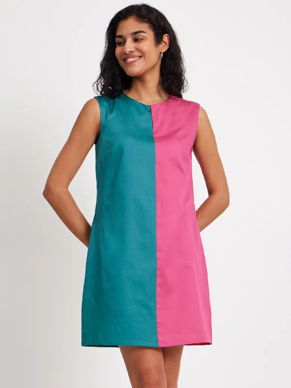 Women's High-Fashion Attire Colour Block Sleeveless Dress - Pink And Teal