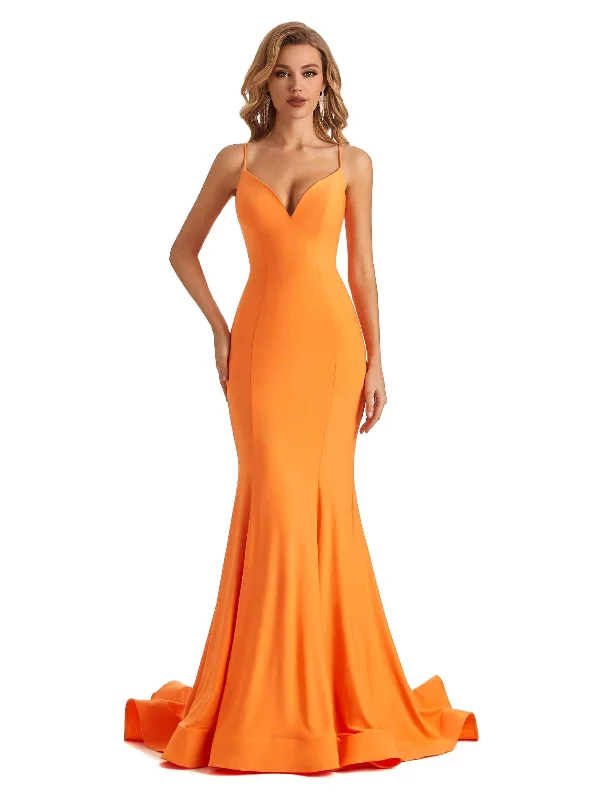 Women's Resort Garments Sexy Mermaid Spaghetti Straps V-neck Stretchy Jersey Long Formal Wedding Guest Dresses