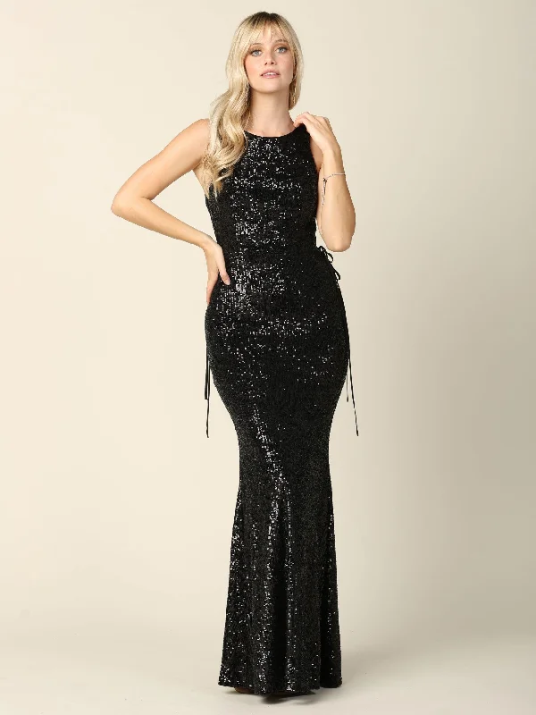 Women's Chic Outerwear Attire Long Sleeveless Formal Fitted Sequins Dress