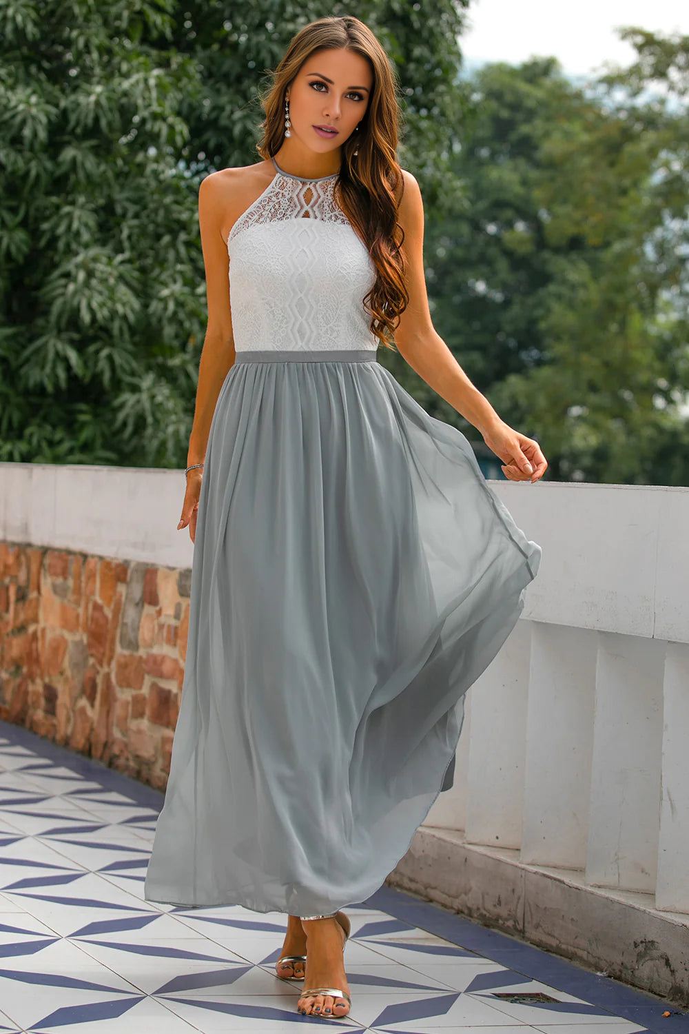 Women's Formal Clothes Grey Open Back Halter Lace Long Dress Bridesmaid Dress