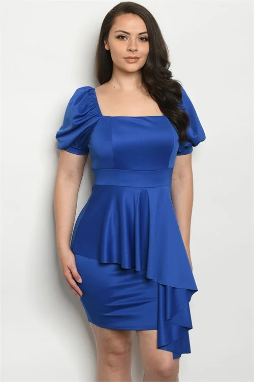 Luxury Women's Clothes Feminine Charm Royal Blue Ruffled Peplum Plus Size Bodycon Dress