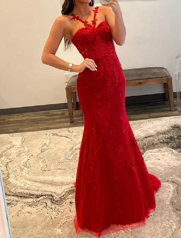 Women's Holiday Clothing Women Red Appliques Prom Dresses Long Mermaid Evening Gowns Formal Party Dress YPD384