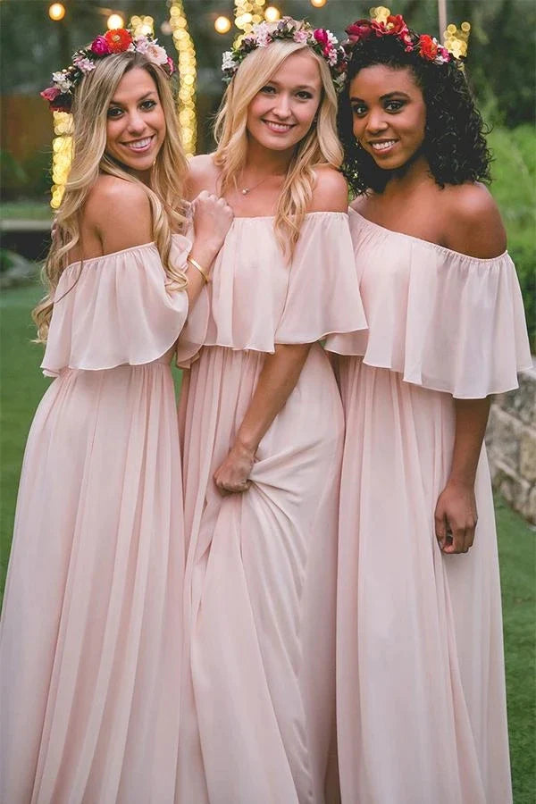 Women's Clothes And Garments Off-the-shoulder Pastel Pink Ruffles Long Chiffon Bridesmaid Gowns,Floor-length Prom Dresses