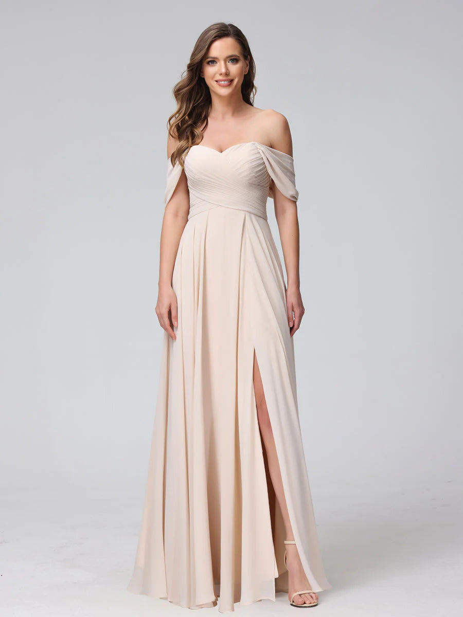 Women's Outerwear Garments A-Line Off-The-Shoulder Sleeveless Ruched Long Chiffon Bridesmaid Dresses With Split Side