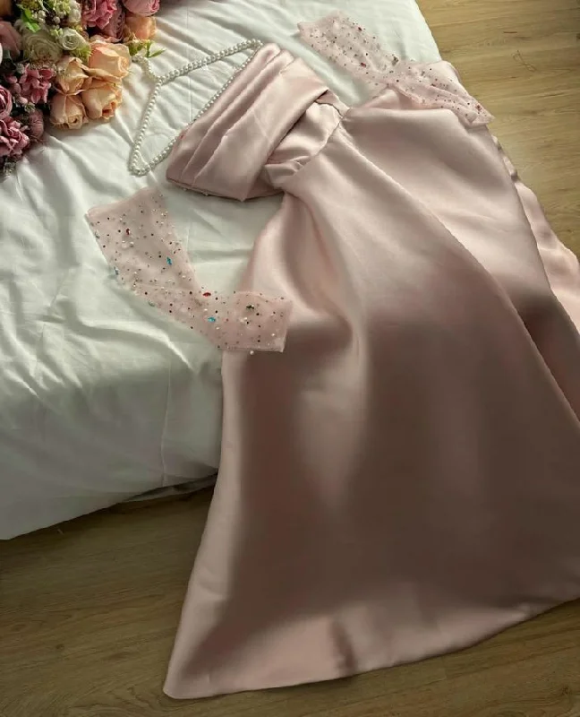 Women's Chic Outfit Modest A line Sweetheart Satin Pink Ruffles Long Prom Dress Evening Dresses C2008