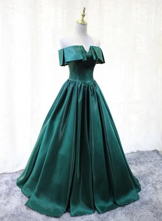 Women's Clothing For Casual Outings Dark Green Satin Off Shoulder Ball Gown Formal Prom Dress   cg17531