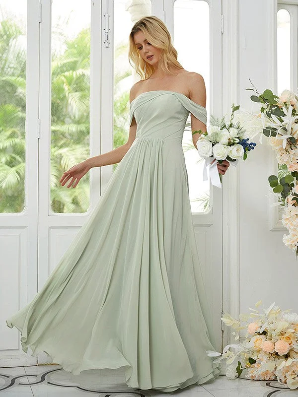 Women's Apparel And Garments A-Line/Princess Chiffon Ruched Off-the-Shoulder Sleeveless Floor-Length Bridesmaid Dresses