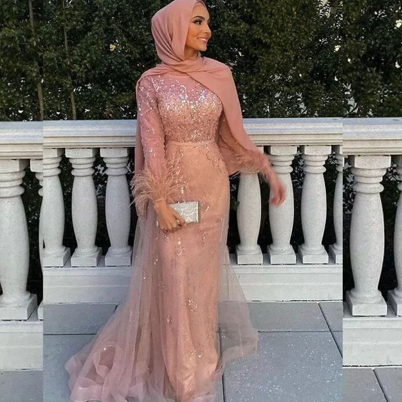 Women's Clothes For Work Muslim Pink Mermaid Evening Dresses for Women Long Sleeves Feathers Sequined Lace Hijab Soiree Formal Occasion Dress