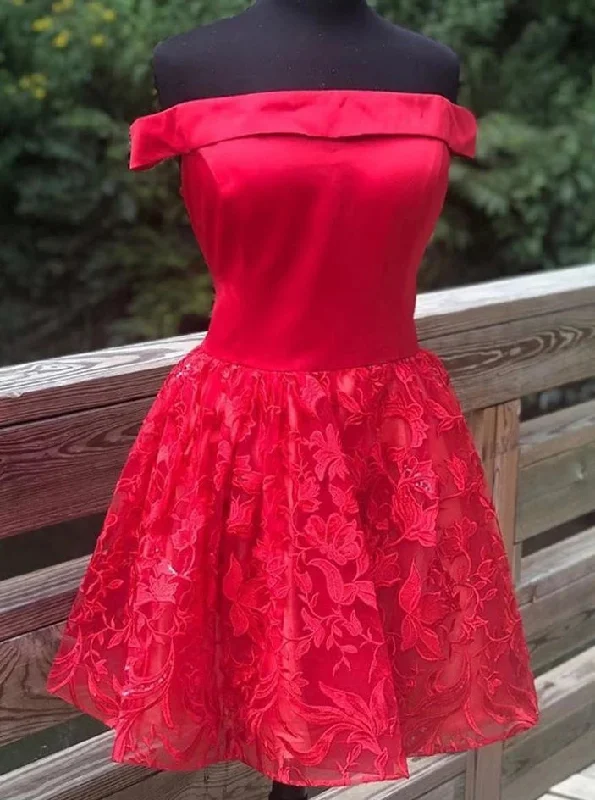 Formal Garments For Women A-line Off Shoulder Satin Red Homecoming Dress With Lace OM494