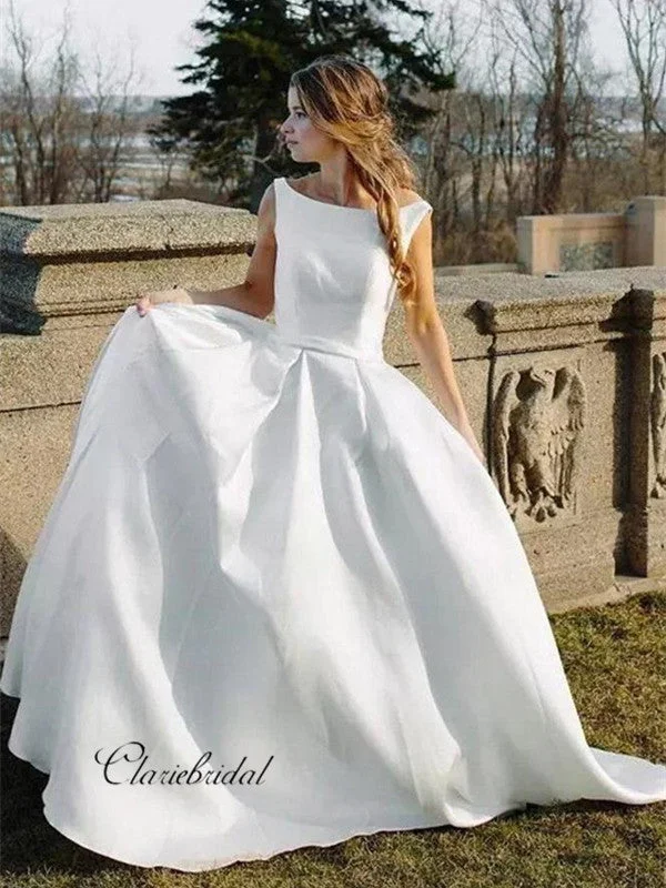 Women's Formal Event Clothing White Satin Bridal Gowns, Simple A-line Wedding Dresses, Sleeveless Wedding Dresses