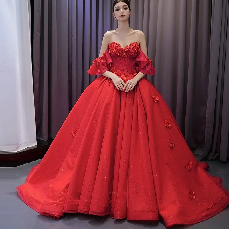 Women's Outdoor Activity Garments Luxury Red Wedding Gown 3D Flower Quince Dress with Detachable Sleeve