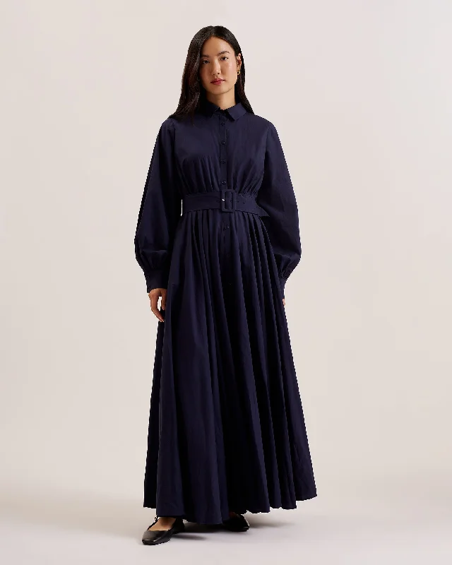 Women's High-Fashion Garments Ene Button Down Maxi Shirt Dress With Belt Navy