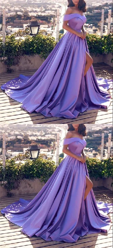 Women's Festive Attire Simple lavender satin prom dresses off the shoulder evening gown with side split   cg18111