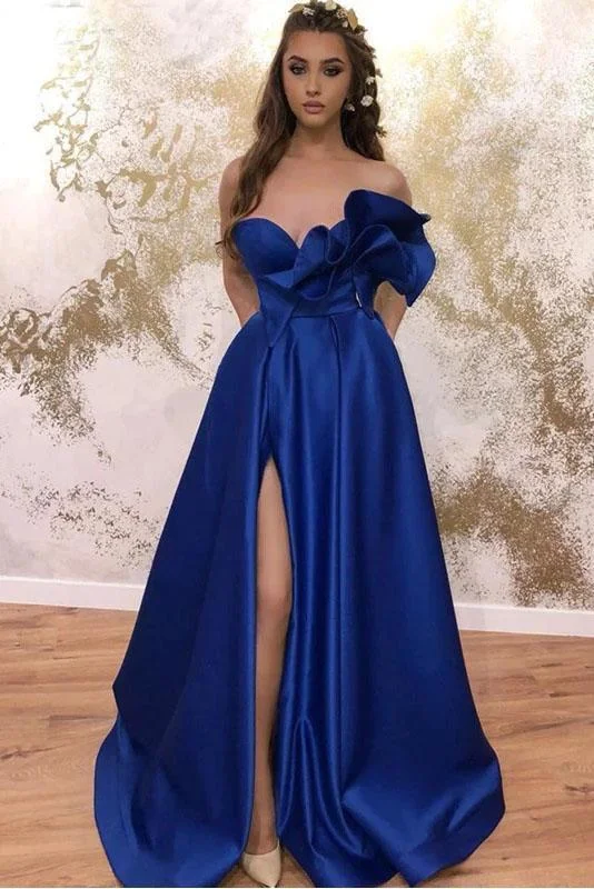 Women's Clothing Outfit Set Sweetheart A-line Prom Dresses Long With Pockets Royal Blue Satin Evening Dress For Women   cg19168