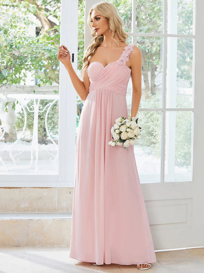 Women's Professional Attire Sweet Pleated Bodice One Shoulder Chiffon Bridesmaid Dress