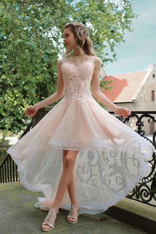 Women's Layered Outfit Elegant Sleeveless Tulle Lace Appliqued High Low Pink Prom Dresses N2206