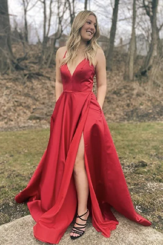 Women's Professional Clothes Red v neck satin long A line prom dress evening dress    cg19834