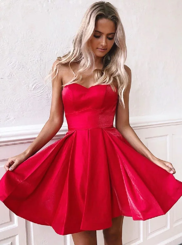 Women's Travel Attire Red Sweetheart Satin Homecoming Dress, Short Prom Dress With Lace-Up Back OM362