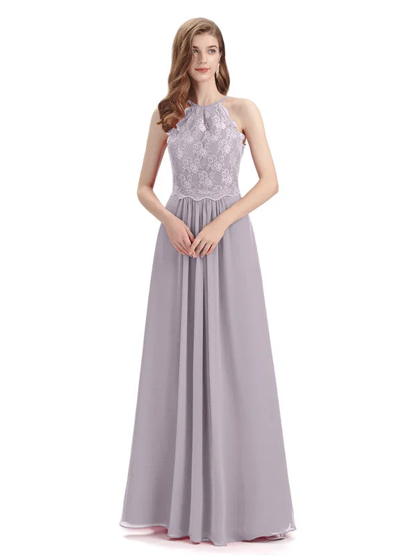 Women's Athleisure Apparel A-line Sleeveless High Neck Floor-Length Bridesmaid Dresses