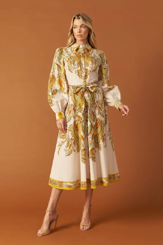 Women's Formal Event Clothing FIELDS OF GOLD WOVEN MIDI SHIRT DRESS