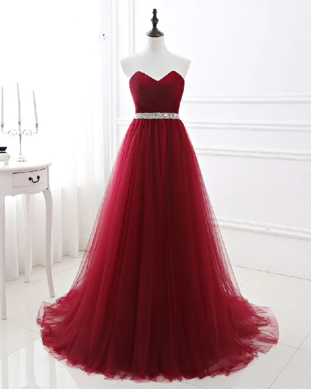 Women's Comfy Loungewear Outfit Burgundy Red Sweetheart Beading Belt Prom Gown Tulle Formal Wear WL212