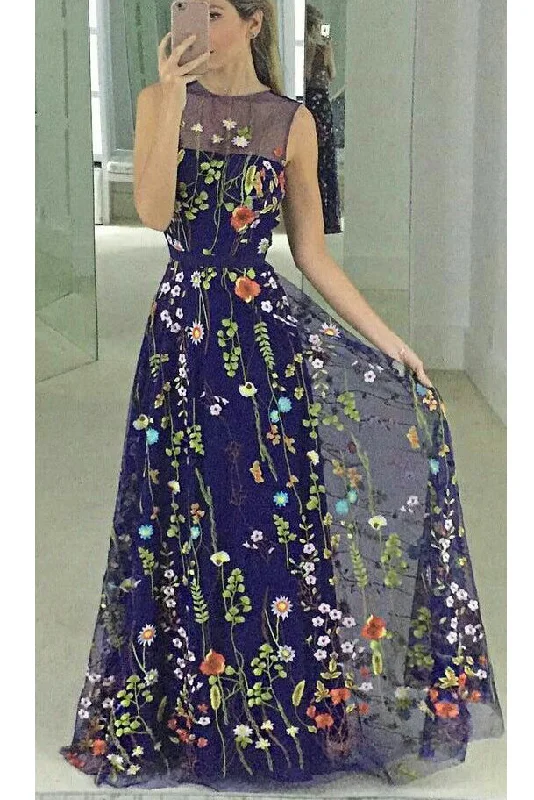 Women's Trendy Outfit A Line Sleeveless Embroidery Flowers Prom Dress