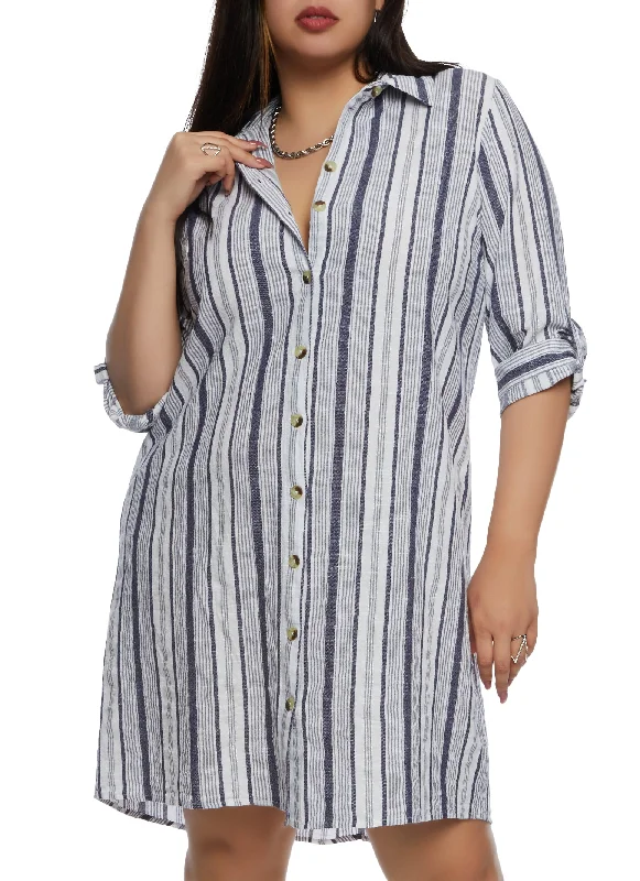 Casual Clothes For Women Statement Piece Plus Size Striped Button Down Shirt Dress