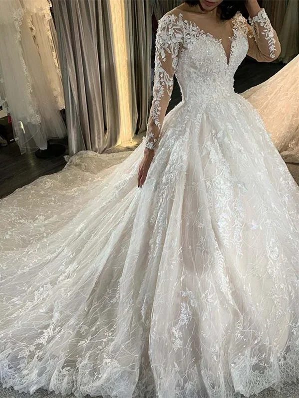 Women's Relaxed Clothes V-neck Long Sleeves Lace Tulle Wedding Dresses, Long Wedding Dresses, Elegant Long Wedding Dresses