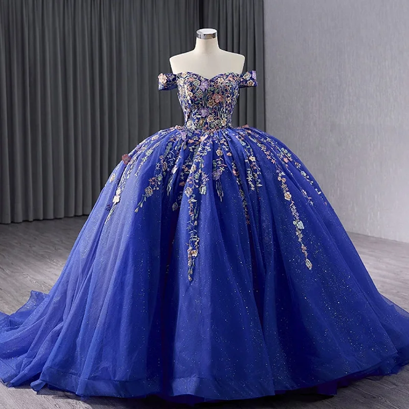 Women's Casual Apparel Royal Blue Color Lace Wedding Gown Off the Shoulder Quinceanera Dress