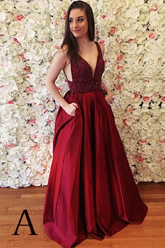 Women's Elegant Outfit Burgundy Sleeveless V Back Prom Dresses with Beads Long Prom Dresses N792