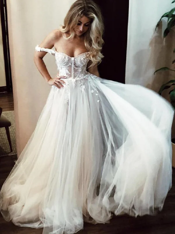 Women's Casual Attire Off Shoulder Ivory Lace Tulle Weddding Dresses, Long Weddding Dresses, Country Long Wedding Dresses