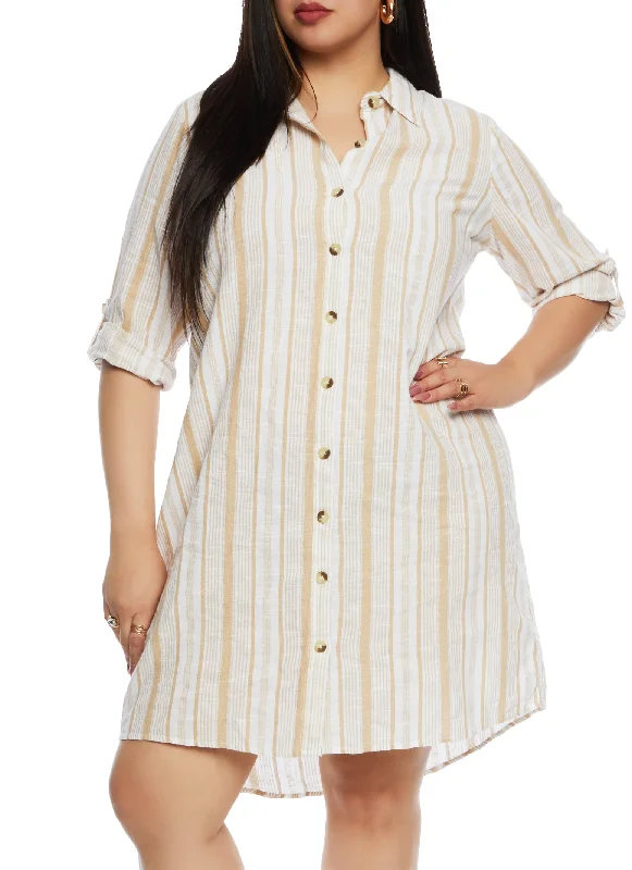 Women's Clothes Polished Finish Plus Size Linen Striped Shirt Dress