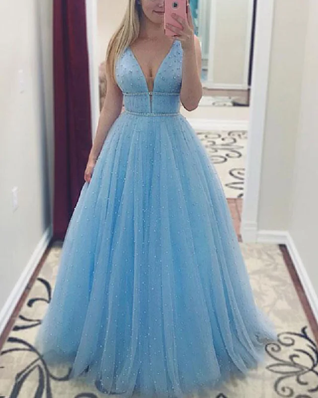 Women's Elegant Apparel Baby Blue Luxury Fully  Beaded Long Prom Dresses Long Graduation Gown