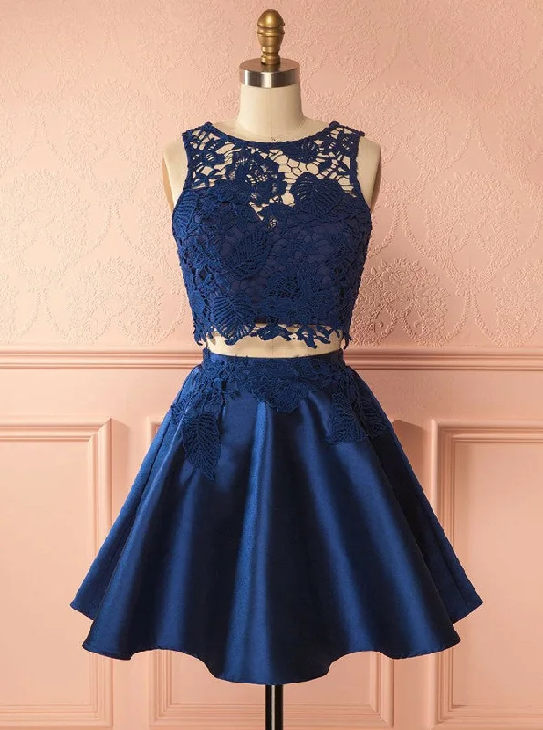 Women's Vacation Attire Dark Blue Two Piece Bateau Lace Appliques Satin Short Prom Dress OC137