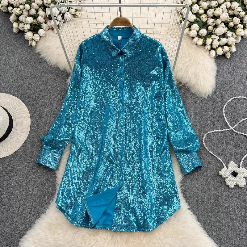 Comfortable Garments For Women shiny sequined long-sleeved mid-length shirt dress fashionable a-line dress for women    S4207