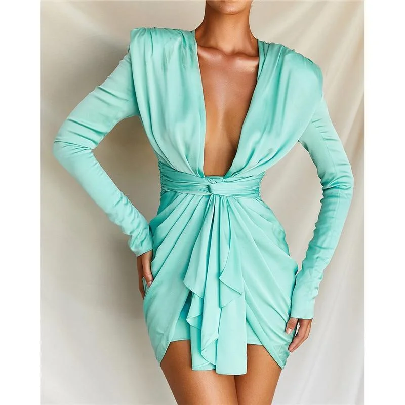 Women's Office Outfit Feminine Soft - Hued Look FashionSierra - V neck plunge dress women irregular ruched design long sleeve dress Autumn elegant ladies party dresses vestidos mujer