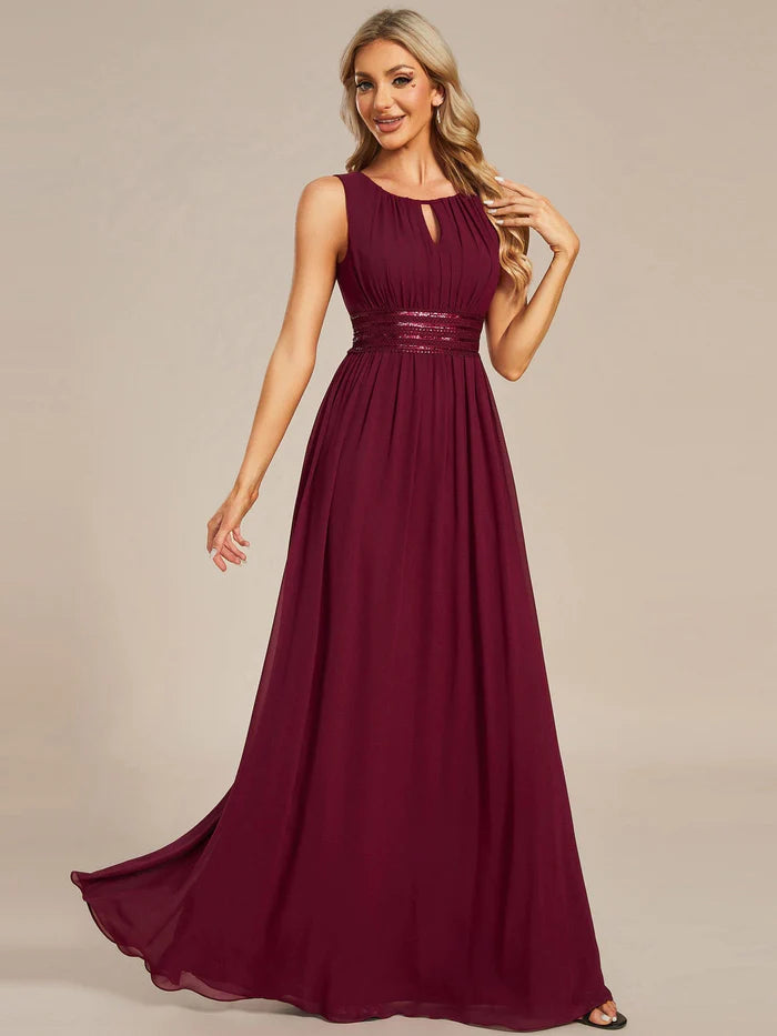 Women's Classic Outfit Simple Sleeveless A-line Chiffon Bridesmaid Dess with Hollow Out Detail