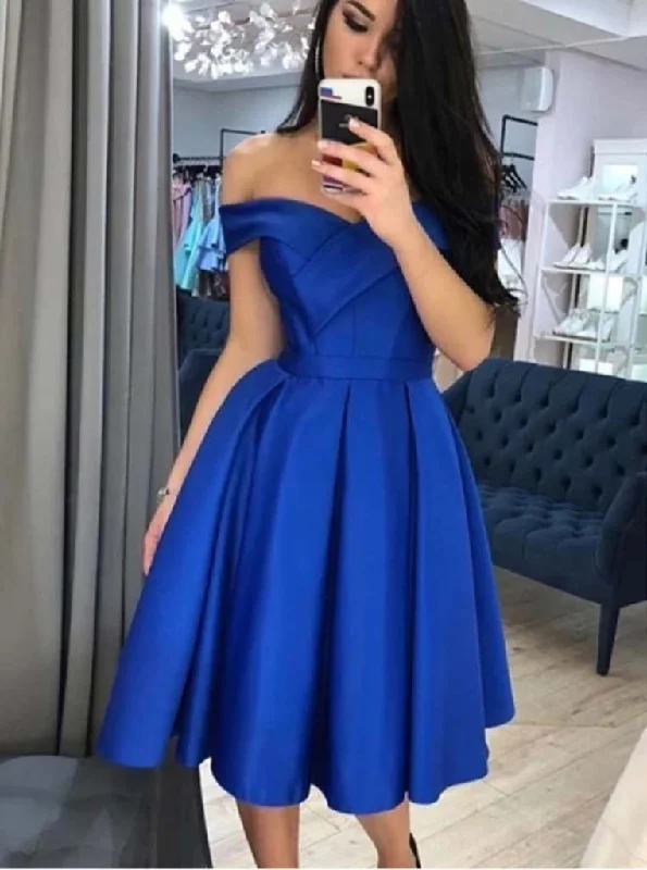 Women's Activewear Attire Royal Blue Satin Homecoming Dress Off Shoulder Short Prom Dress OM458