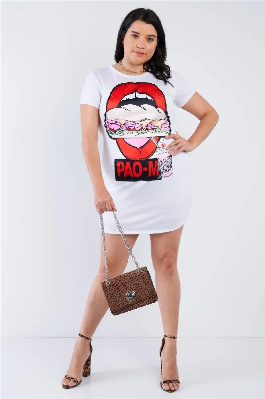 Stylish Women's Attire Plus Size White Red Lips Graphic T-shirt Dress /2-2-2