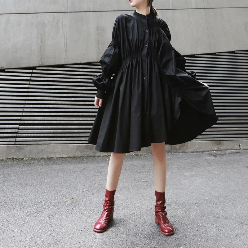 Vintage-Inspired Women's Clothes Hotaru Long Sleeve Pleated Shirt Dress - Black