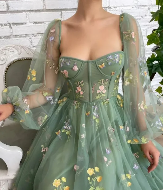 Women's Elegant Apparel Green Tulle Prom Dress, Sweetheart Neckline Dress, Long Sleeves Embroidered Prom Dress, Flower Dress Ankle Length Dress, Tulle Prom Dress