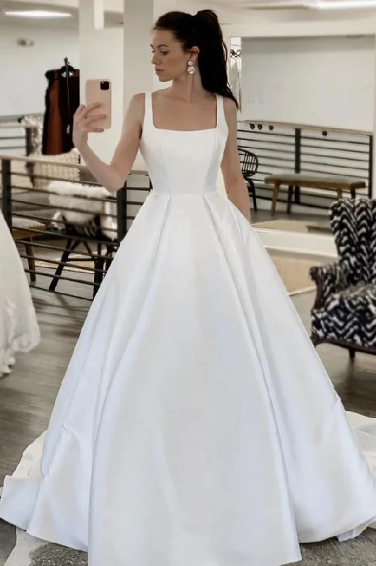 Stylish Women's Garments For Holidays White satin long A line prom dress white evening dress    cg19748