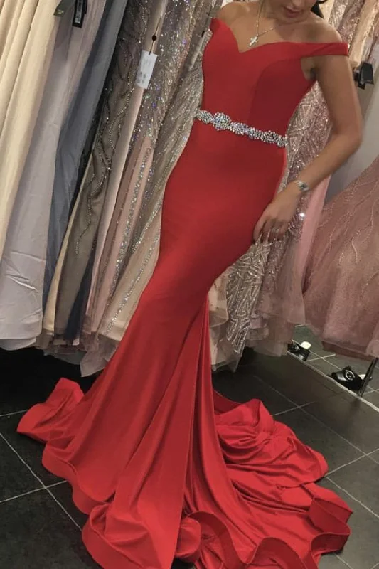 Women's Trendy Clothing Red Mermaid Satin Ruffles Evening Dresses Off The Shoulder Crystal Beaded Sashes prom Dress   cg19731