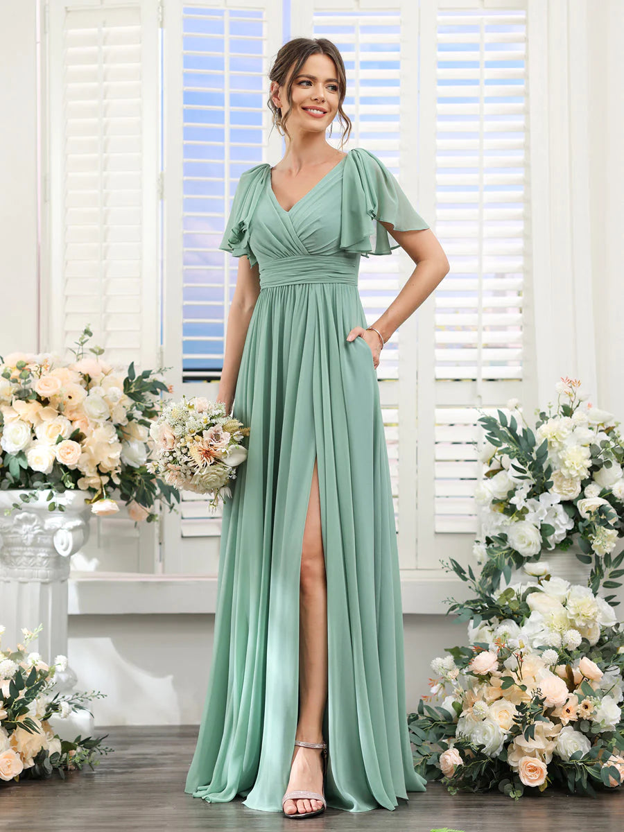 Stylish Women's Attire A-Line V-Neck Short Sleeves Split Side Chiffon Bridesmaid Dresses With Pockets