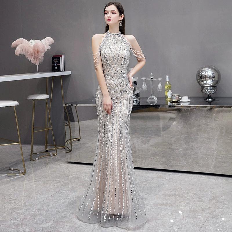 Women's Occasion Wear Clothes Numbersea Mermaid Prom Dresses Sleeveless Evening Dress Beaded Sexy Formal Dress for Women